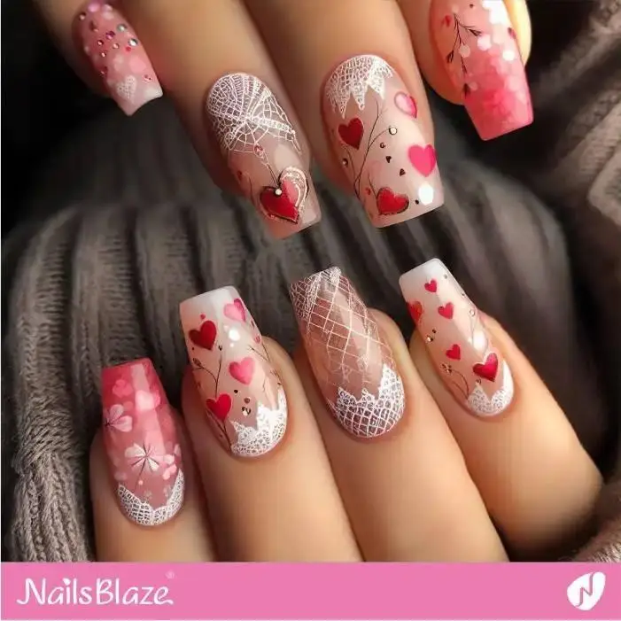 Lace-theme Reverse French with Hearts | Valentine Nails - NB2309
